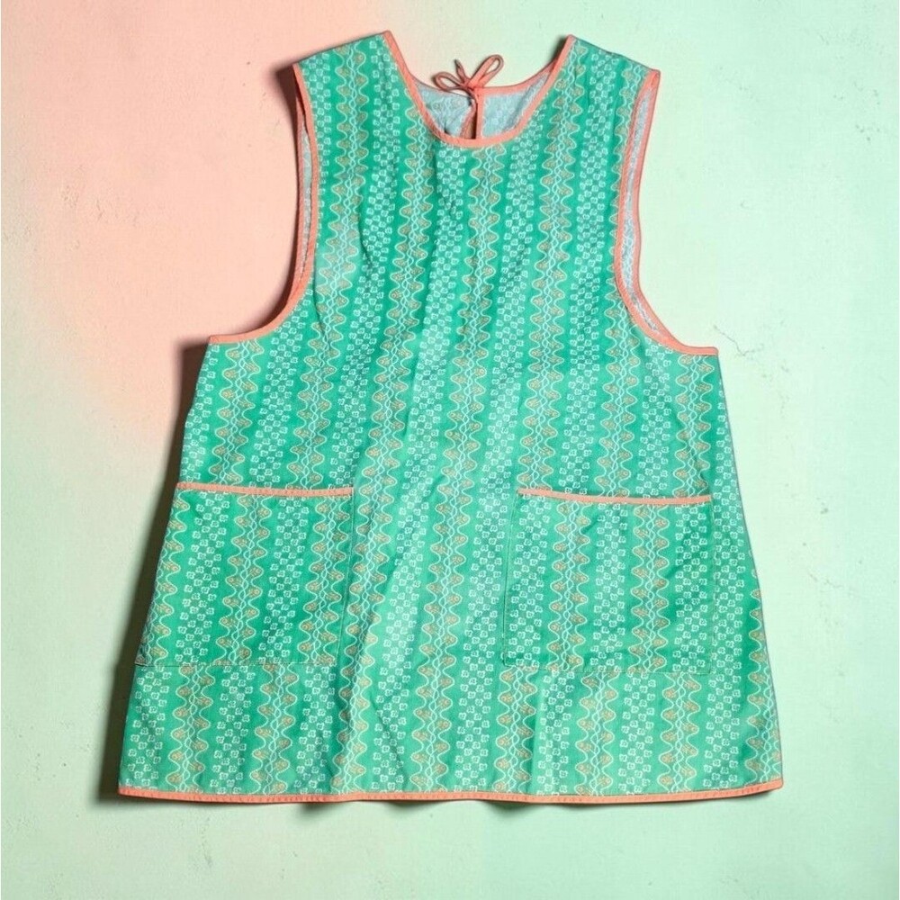 Vintage Handmade Apron Smock Green Floral Cottagecore Retro Orange Trim Tie Back